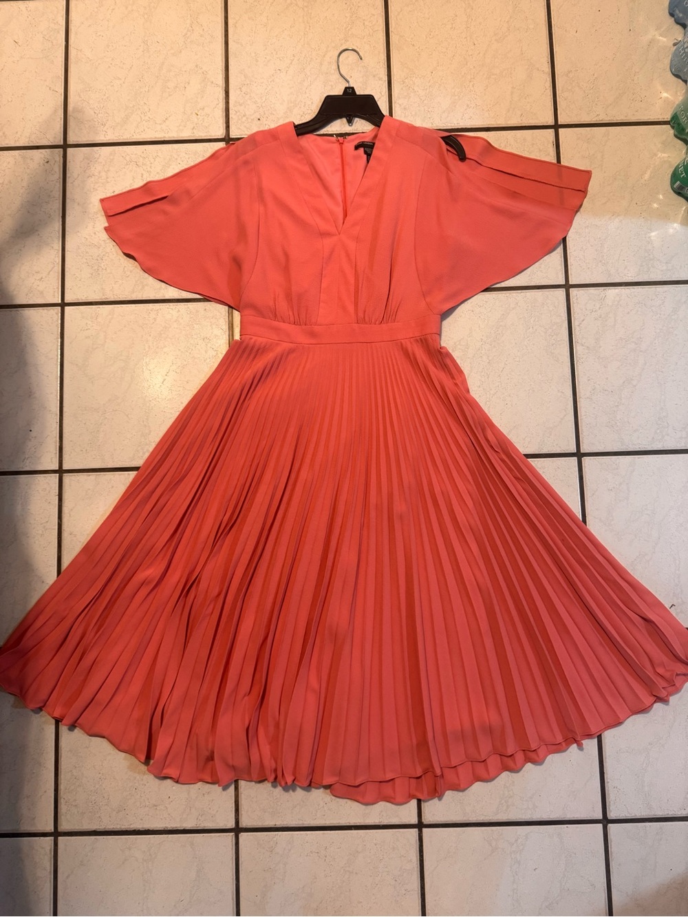 Maggy London Pleated Coral Midi Dress with Flutter Sleeves